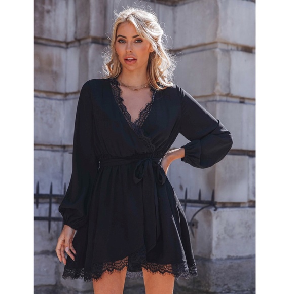 V-Neck Wrap Black Lace Trim Mini Dress - Picture 4 of 7